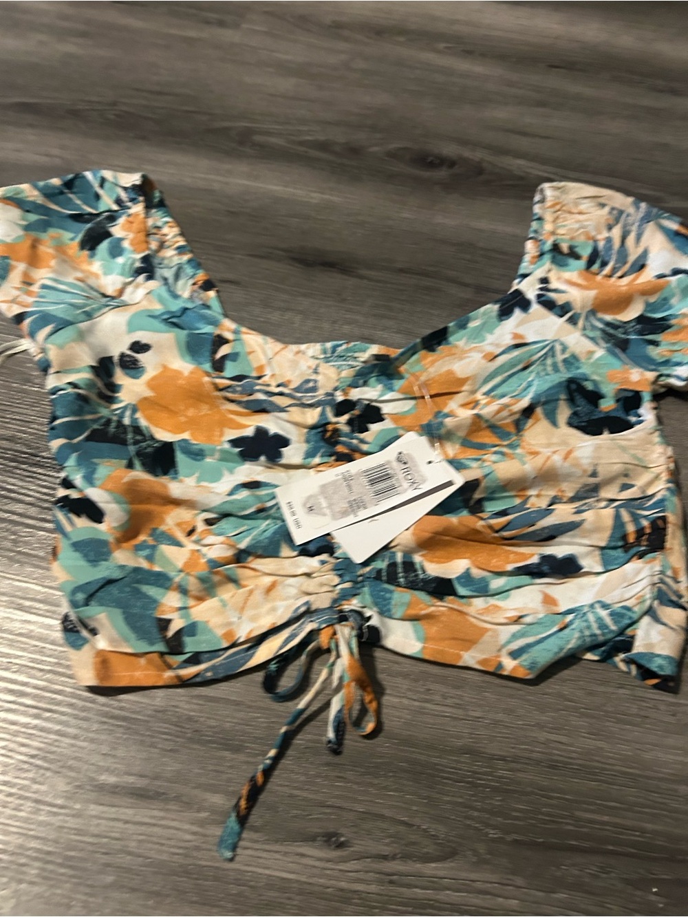 Roxy Teal, Mustard & Navy Floral Ruched Crop Top - Picture 3 of 6